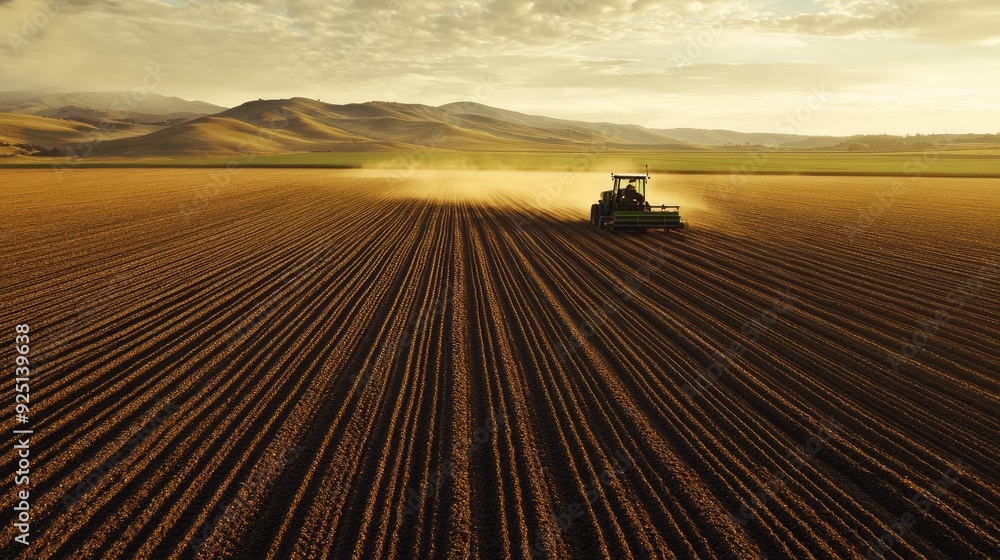 Poster advanced machinery planting seeds in perfectly aligned rows in a large field.