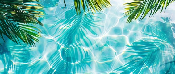 Clear water with green, tropical palm leaves. Summer vacation in paradise. Sea or pool water. Beach holiday concept. 