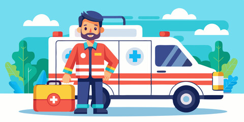 Paramedic man with a first aid bag on the background of an ambulance. Emergency medical service worker
