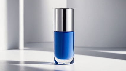 Bottle of blue nail polish in studio setting, still life and product photography 