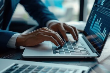 Businessman is analyzing financial data on a laptop computer, developing a business strategy for investment