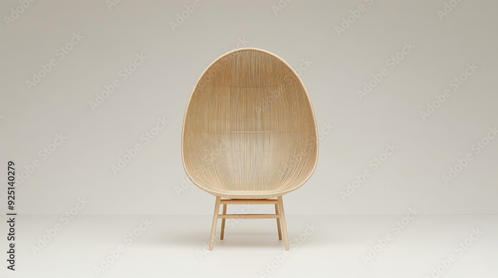 Poster Elegant rattan loveseat in a minimalist studio setting with natural light and soft shadows