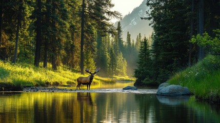 A deer standing in a river surrounded by trees and grass, AI