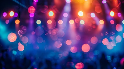 A blurred background of a concert venue with colorful stage lights, capturing the atmosphere of live music. Blurry, vibrant party light with bokeh blur effect at a festival or music event. 