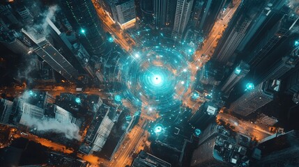 Aerial view of a city with communication signals radiating from towers, symbolizing connectivity.