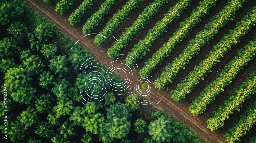 Poster aerial view of a smart farm with automated irrigation systems and sensors.