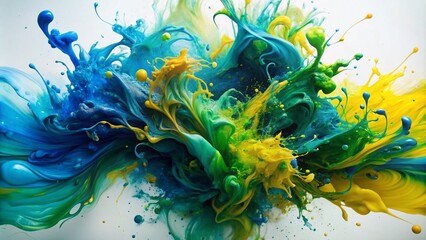 Vibrant splashes of paint in shades of blue, green, and yellow swirl together in a mesmerizing dance of abstract expressionism on a white background.