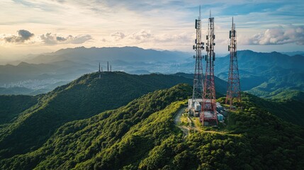 Aerial view of communication towers on a mountain, transmitting signals over a wide area.