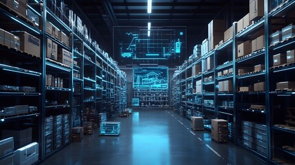 Fototapeta premium A high-tech warehouse featuring automated inventory management with digital interfaces, robots, and neatly organized shelves, showcasing advanced logistics and smart technology.