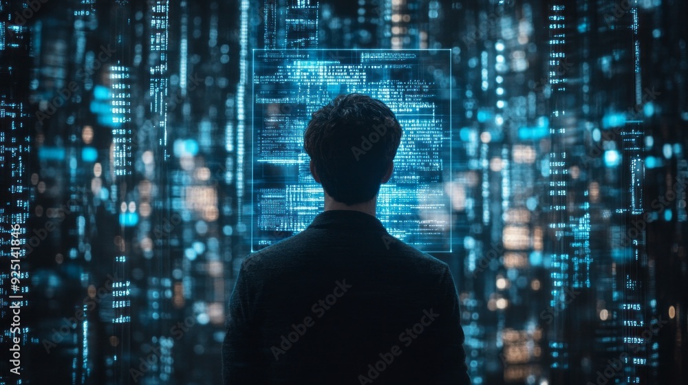 Aufkleber a man stands in awe, gazing at glowing digital data streams that illuminate the dark, futuristic cit