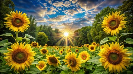 Fototapeta premium Vibrant sunflowers surrounded by lush greenery form a circular pattern, evoking feelings of warmth and serenity on a sunny summer afternoon in a lush meadow.