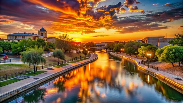 Vibrant sunset casts a warm glow on the historical Pearl of the Concho River, featuring the iconic San Angelo Riverwalk and scenic Texas hills.