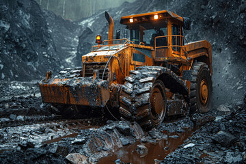 An enormous bulldozer with a rust-orange hue maneuvers through a muddy, rocky construction site, effectively clearing and leveling the ground for new development.