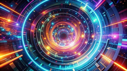 Obraz premium Vibrant swirling shapes and neon lights explode in a futuristic digital vortex, transporting viewers to a mesmerizing realm of abstract technological wonder and infinite possibilities.