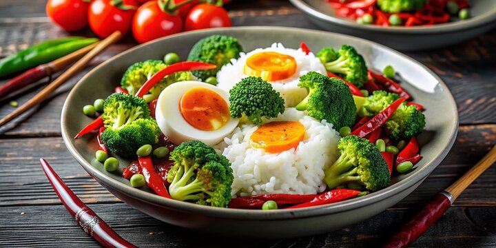 Vibrant Thai-inspired dish featuring fluffy steamed rice, soft-boiled eggs, crisp sautéed broccoli, and spicy chili paste, perfect for culinary and food-related visual content.