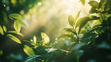 Lush green leaves encircle a bright sunlit background, creating a concept for eco-friendly messaging with copy space