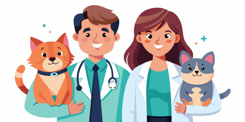 Veterinarians with pets. Man and woman, workers of the vet clinic with a cat and a dog on a white background
