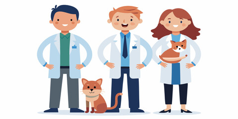 Veterinarians with pets. Man and woman, workers of the vet clinic with a cat and a dog on a white background
