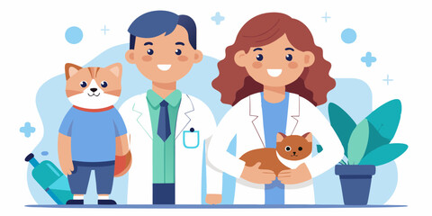 Veterinarians with pets. Man and woman, workers of the vet clinic with a cat and a dog on a white background
