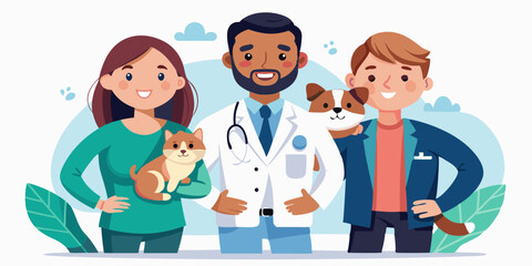 Veterinarians with pets. Man and woman, workers of the vet clinic with a cat and a dog on a white background
