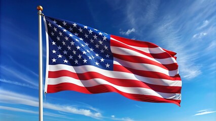 Obraz premium Vibrant vertical American flag waves proudly against a clear blue sky, its stars and stripes symbolizing freedom and patriotism in the United States.