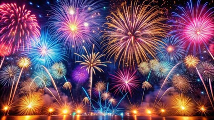 Fototapeta premium Vibrant vertical background of bursting fireworks in shades of pink, blue, and gold, illuminating the dark night sky on a celebratory occasion.