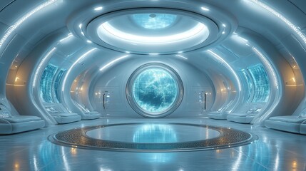 Futuristic space station interior with large circular window - generative ai