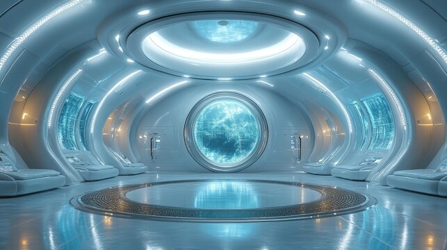 Futuristic space station interior with large circular window - generative ai