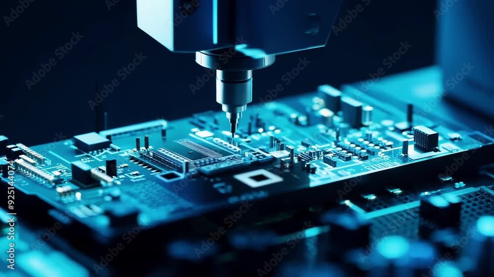 Poster as the ai robots hand moves over the circuit board it makes minute adjustments ensuring every compon