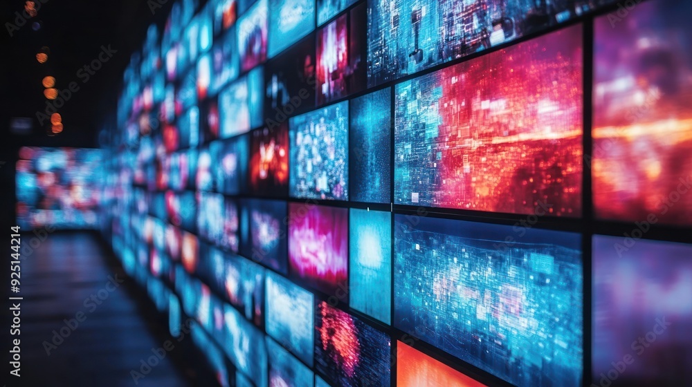 Poster wall of screens displaying abstract images