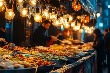 Brightly lit street food vendor offers an enticing variety of colorful dishes, attracting customers with delicious aromas in a bustling nighttime atmosphere