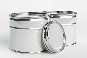 Two closed metal paint cans standing on white background with one open lid