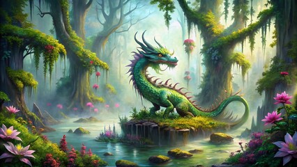 Fototapeta premium Vibrant watercolor illustration of a majestic dragon emerging from a misty, moss-covered swamp, surrounded by twisted cypress trees and exotic flowers in shades of green.