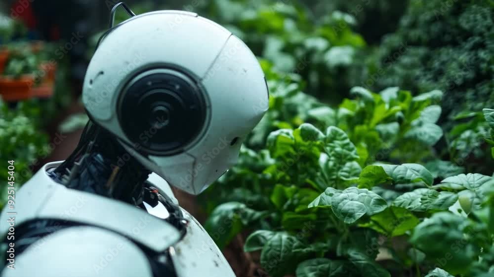 Poster a robot carefully examines spinach plants in a vibrant garden, showcasing the integration of technol