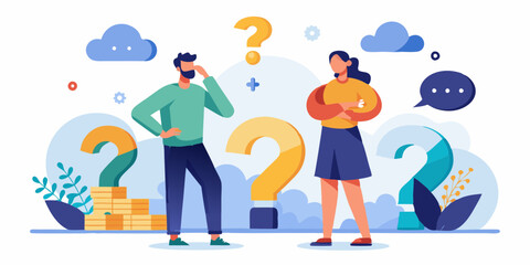 Puzzled man and woman thinking. Solution to the problem. Finding an answer to a question or dream
