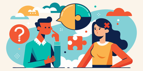 Puzzled man and woman thinking. Solution to the problem. Finding an answer to a question or dream
