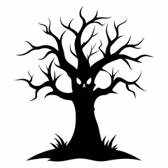 scary tree isolated on white, scary tree vector illustration, tree with roots vector art, tree with a bag silhouette, helloween tree vector icon, scary tree line art, eps