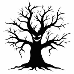 Obraz premium scary tree isolated on white, scary tree vector illustration, tree with roots vector art, tree with a bag silhouette, helloween tree vector icon, scary tree line art, eps