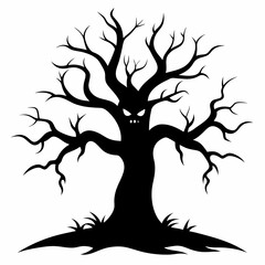 scary tree isolated on white, scary tree vector illustration, tree with roots vector art, tree with a bag silhouette, helloween tree vector icon, scary tree line art, eps