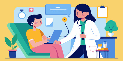 Doctor visit. Check up. Woman doctor and patient. Vector illustration
