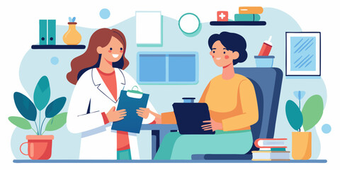 Doctor visit. Check up. Woman doctor and patient. Vector illustration
