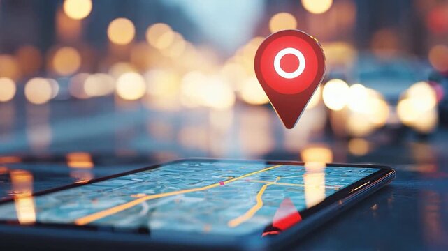 A smartphone lies on a wet surface with a map displayed, featuring a navigation marker above it in a bustling city atmosphere.