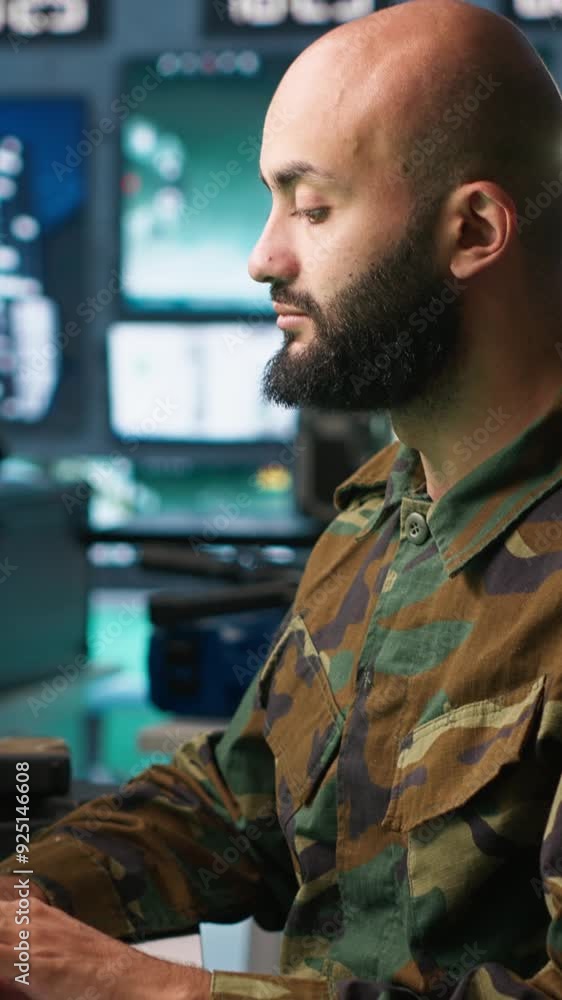 Poster vertical video army specialist employing ai tech to improve military warfare systems and threat moni