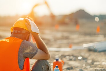 Exhausted manual worker taking a break at construction site.