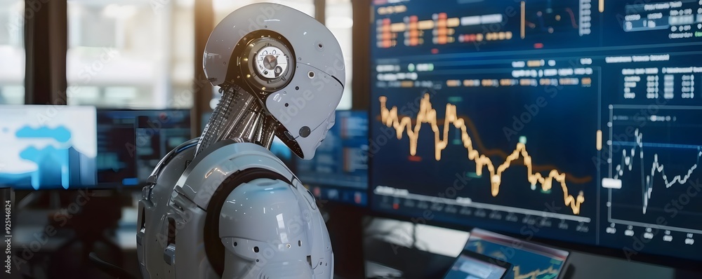 Aufkleber futuristic robot analyzing financial data and wealth forecasting