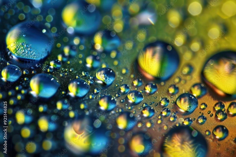 Poster colorful water droplets reflecting light and creating a beautiful abstract pattern on a shiny surfac