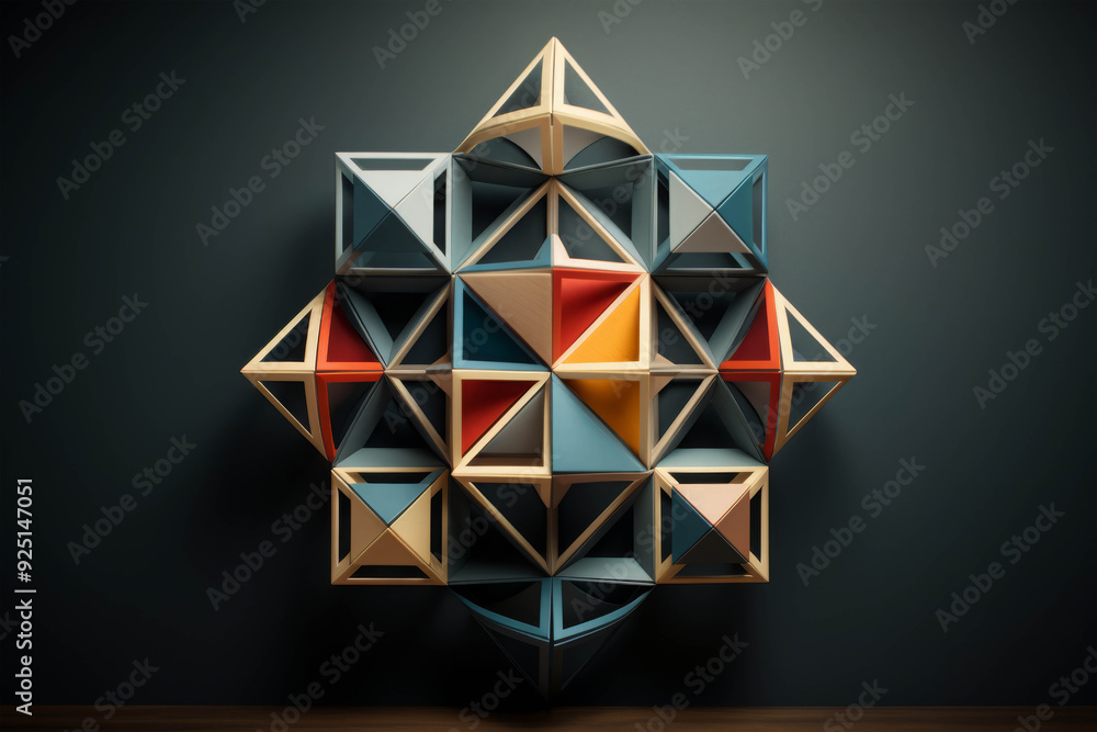Poster a modular art piece of geometric shapes meticulously arranged in a perfectly balanced, symmetrical p