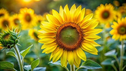 Obraz premium Vibrant yellow petals unfolding from tight buds to full bloom, showcasing the stunning life cycle of sunflowers against a soft, blurred natural background.