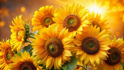 Obraz premium Vibrant yellow sunflowers in a beautiful bouquet, set against a warm background, radiating happiness and energy, evoking feelings of sunshine and joy.