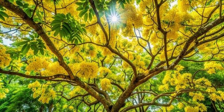 Vibrant yellow Thitya flowers of the Burma Sal tree bloom in clusters on a forest canopy, casting dappled shadows on the lush green undergrowth below.